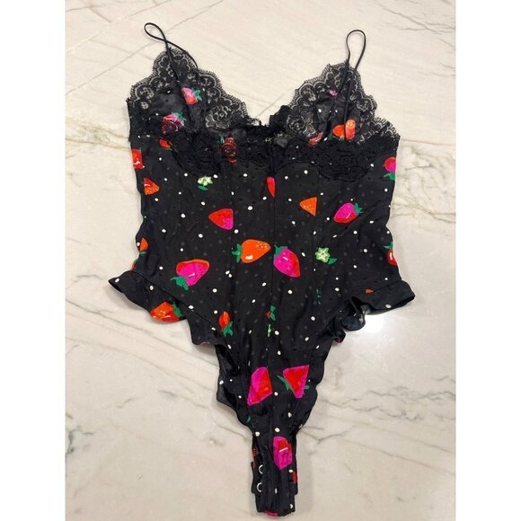 Alessandra Rich Strawberry Print Silk Jacquard Bodysuit in Black 42 New Womens - Picture 8 of 15